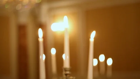Served table with dishes and candles in a restaurant Stock Footage 121286306