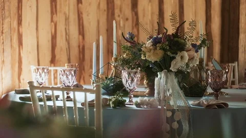 Served Table For Guests At The Wedding. Stock Footage 108585460
