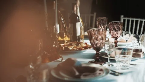 Served Table For Guests At The Wedding. Stock-Footage 108585537