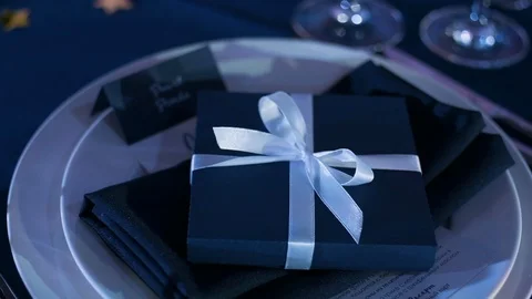 Served Table For Guests At The Wedding. Surprise Box On A Plate. Stock Footage 110755261