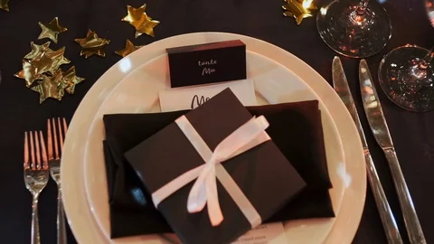 Served Table For Guests At The Wedding. Surprise Box On A Plate. Stock Footage 110755401