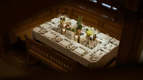 Served Table For Guests At The Wedding. Top View. Vídeos de archivo 112735588