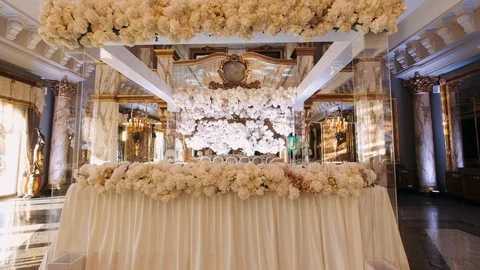 Served Table For Guests At The Wedding. Unsurpassed Interior Of The Restaurant Video stock 112735458