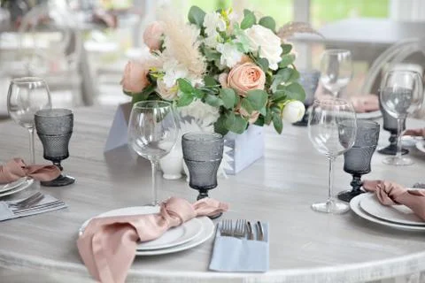 Served table. hall for banquets and weddings Stock Photos