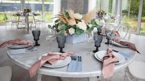 Served table. hall for banquets and weddings Stock Photos