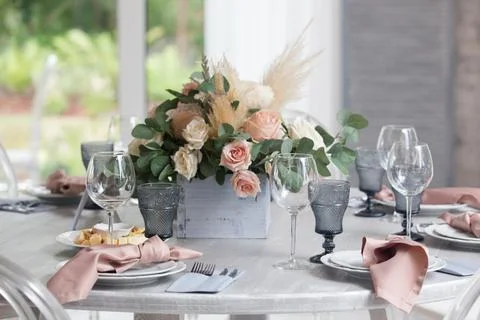 Served table. hall for banquets and weddings. Reserved table in the restauran Stock Photos