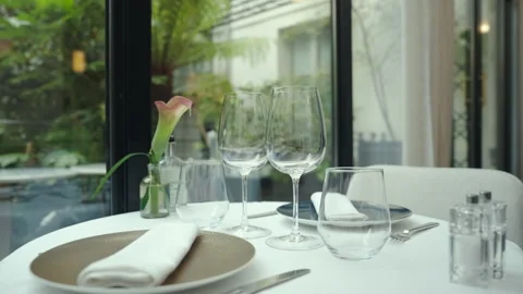 Served table for lunch in the interior of a restaurant Stock Footage 256470516