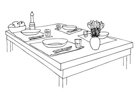 Served table. Plates, glasses, forks and a vase with flowers on the table. Stock Illustration