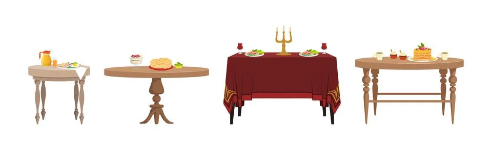 Served Table with Plating and Meal Setting Vector Set Stock Illustration