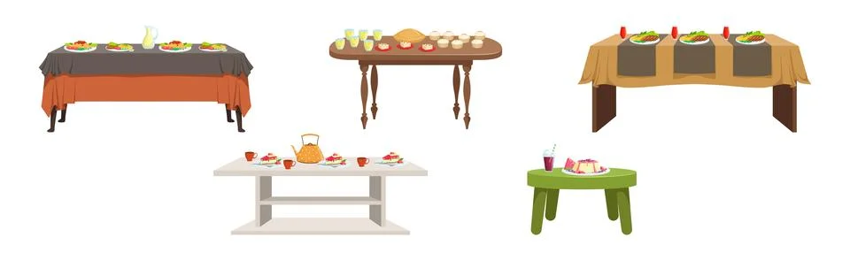 Served Table with Plating and Meal Setting Vector Set Stock Illustration