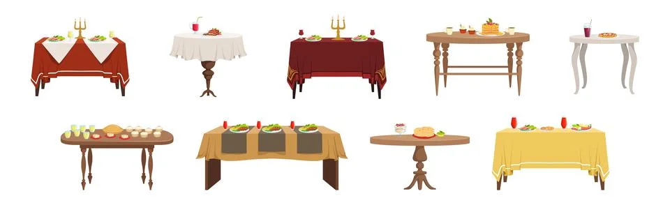 Served Table with Plating and Meal Setting Vector Set Stock Illustration