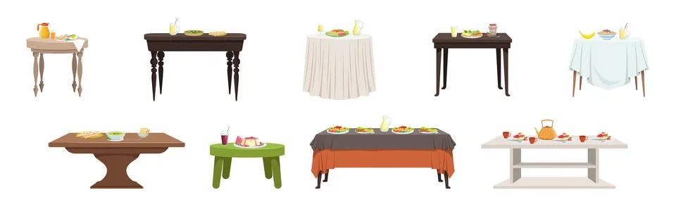 Served Table with Plating and Meal Setting Vector Set Stock Illustration