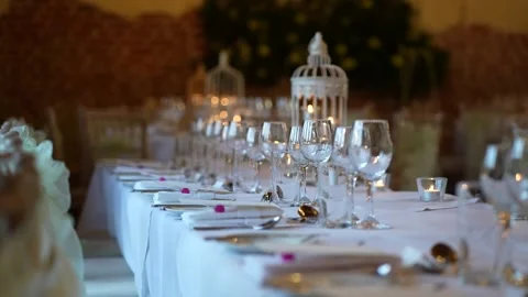 Served table in a restaurant for dinner, lunch or celebration Video stock 172060581