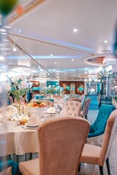 Served table in the restaurant for the event. Stock Photos