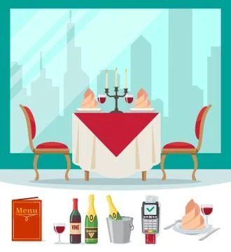 Served table in restaurant in flat style cafe. Soft chairs, wine, napkins Stock Illustration