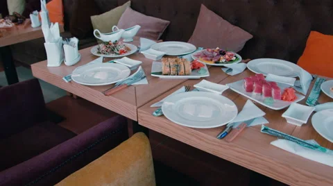 Served table in a restaurant Stock Footage 58490901