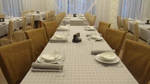 The served table in the restaurant. Sliding Video stock 129099445