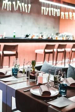 Served table for several persons in a restaurant Stock-Fotos