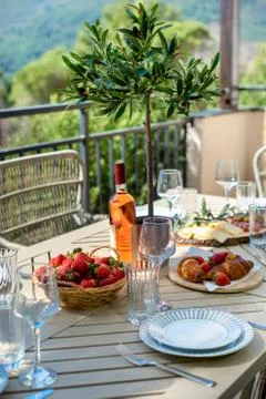 Served table on the terrace Stock Photos