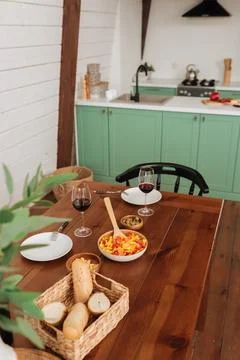 Served table vegetarian dinner wine Stock Photos