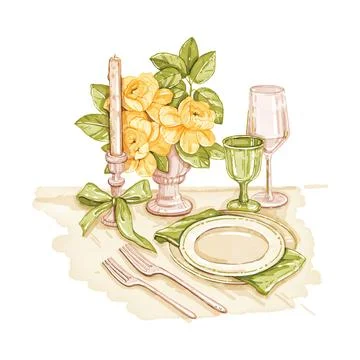 Served table watercolor illustration, vector wedding invitation design Stock Illustration