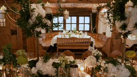 Served Tables For Guests At The Wedding. Vídeos de archivo 112735561