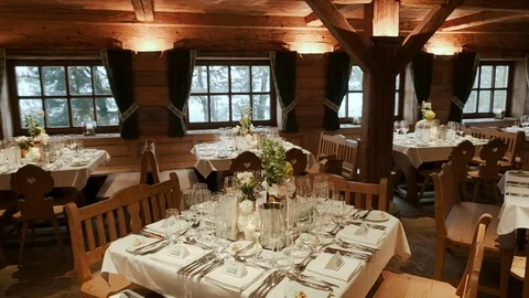 Served Tables For Guests At The Wedding. Video stock 112753206