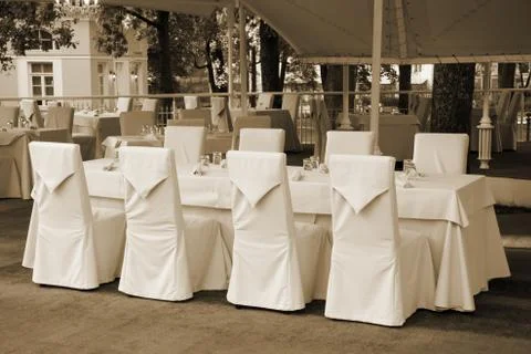 Served tables at the restaurant Stock Photos
