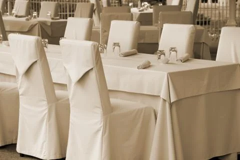 Served tables at the restaurant Stock Photos