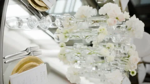 Served wedding table clean minimalistic style, vertical screen shot. Video stock 269894725