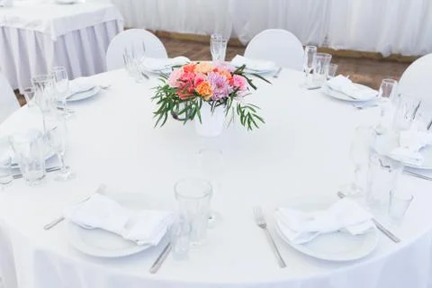 Served white wedding table layout Stock Photos