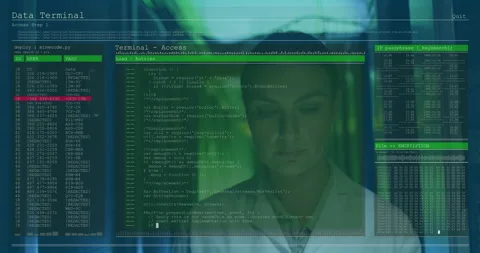 Server aisle activating transparent tech overlay as scientist scanning code logs Stock Footage 313509546