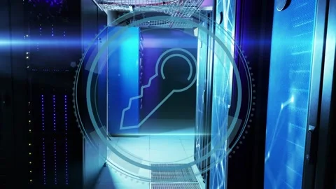 Server aisle Cyber Security title appearing, starting 3D rings and key scanning Stock Footage 332566504