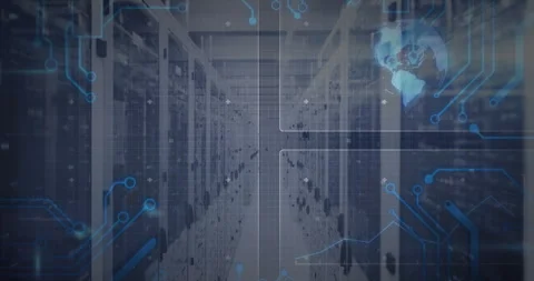 Server aisle displaying code animating over racks pulsing traces, globe rotating Stock Footage 315614973