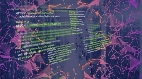 Server aisle hosting node overlay obscuring racks as data sending code panels Stock Footage 332577616