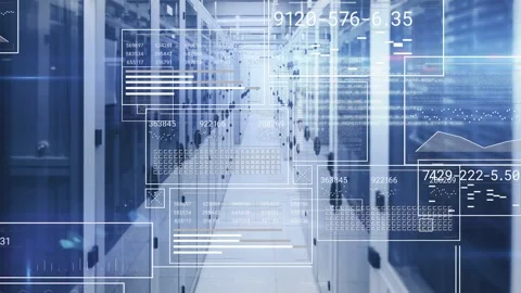 Server aisle initiating scan layering HUD showing numeric readouts and circular Stock Footage 332577521