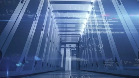 Server aisle lighting up after network ping, receiving floating code and Stock Footage 332900444