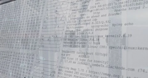 Server aisle opening, text scrolling, showing nmap scanning, traceroute, Stock Footage 317128325
