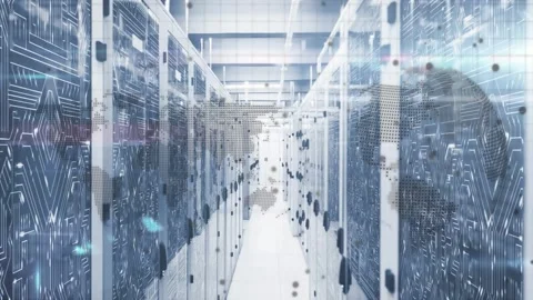Server aisle overlay activating, dotted map appearing, spheres drifting forward, Vidéo 334111917