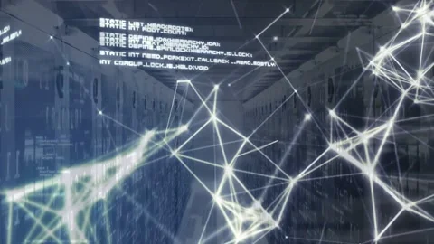 Server aisle reacting to network spike, showing live data with expanding mesh Stock Footage 332900608