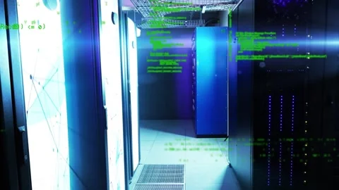 Server aisle revealing racks, green code overlay scrolling and fading for data Stock Footage 334040599