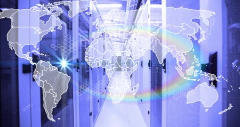 Server aisle shot starting map fading, pulsing light node racing across Stock Footage 311508246