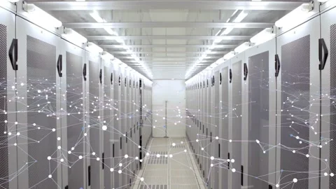 Server aisle showing faint network overlay on data pulse to show data flow, Stock Footage 337579217