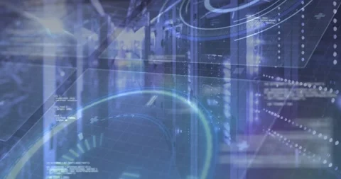 Server aisle sliding forward on network ping, HUD expanding, code scrolling, Stock Footage 321824873