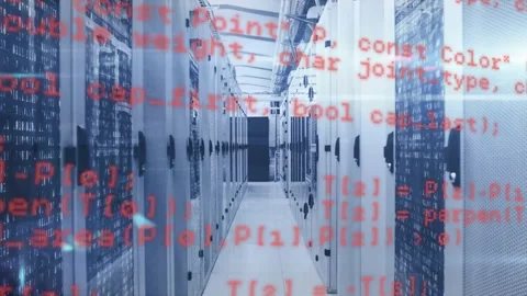 Server aisle staying static, red code overlay appearing and scrolling, showing Stock Footage 334034553