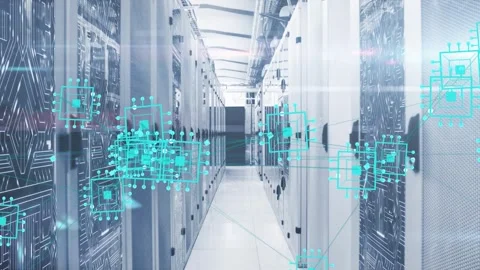 Server aisle turquoise nodes appearing drifting links animating camera zooming Stock Footage 334322021