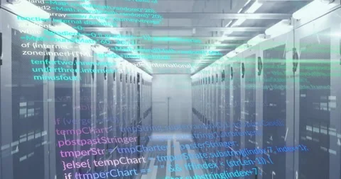 Server aisle view initiating data flow with holographic code scrolling across Stock Footage 310319112