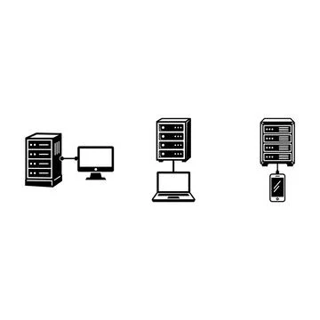 Server and computer device connection icons set Stock Illustration