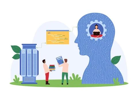 Server and database management, tiny people develop software code with AI Stock-Illustration