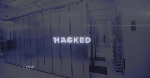 Server and network racks lining dim data center corridor, showing floor tiles Stock Photos